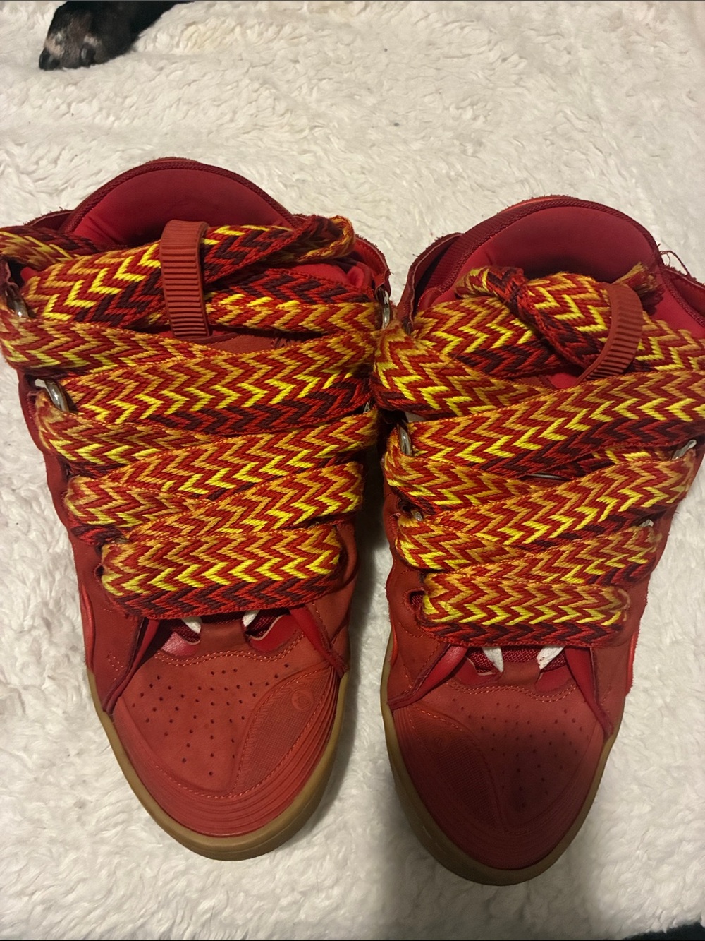 Lanvin Red High-Top Sneakers with Yellow-Red Braided Laces